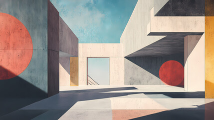 Concrete minimalism: a symphony of geometric shadows dances across the stark, concrete walls of a minimalist architectural space. Architectural Symphonies. Illustration