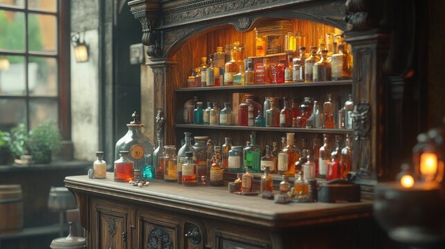 Antique apothecary cabinet filled with colorful potions.
