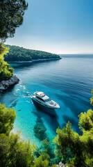 A drone photo of an open yacht in crystal-clear turquoise waters
