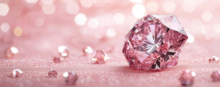 A pink diamond on a soft pink background with space for text, ideal for luxury jewelry store promotions