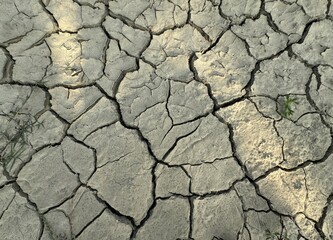 Dry and cracked mud soil, sandy soil section of dry soil drought. Cracked earth texture. Dry cracked earth, parched land, Earth dirt texture background of gray mud, arid soil, Dry cracked earth.
