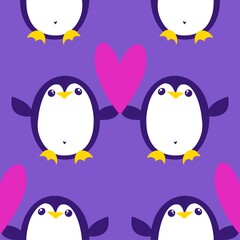 Fototapeta premium Valentines cute animals in love seamless penguin and heart pattern for 14 February wrapping paper and fabrics