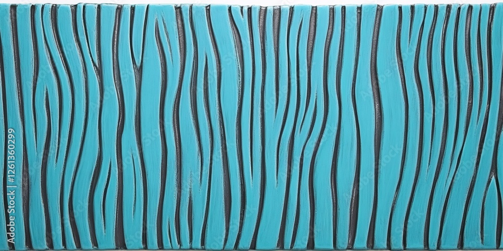 Poster turquoise, black wavy stripes intersecting vertically, generating dynamic geometric abstract pattern