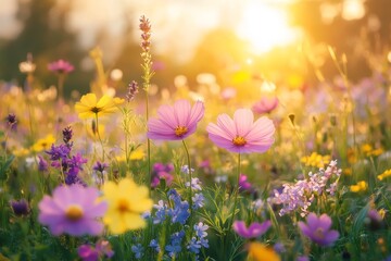 Sunset wildflowers meadow, summer bloom, nature scene, peaceful background