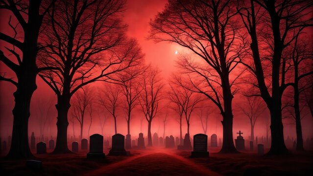 Dramatic Graveyard with Red Sunset and Bare Trees