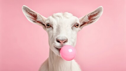 Obraz premium Goat Chewing Bubblegum on a Pink Background