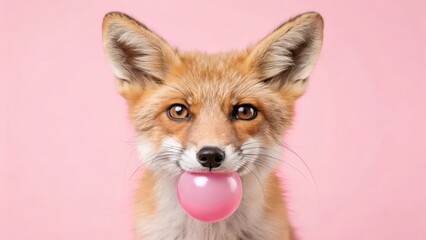 Obraz premium Fox Blowing a Pink Bubblegum Bubble with a Cute and Fun Look