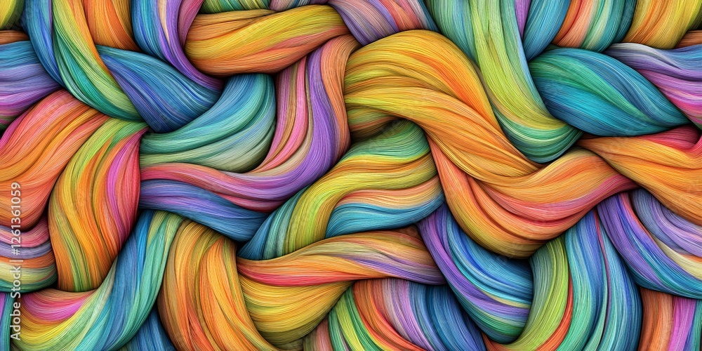 Poster rainbow threads interweaving, forming textured pattern with vibrant abstract color palette, showcasi