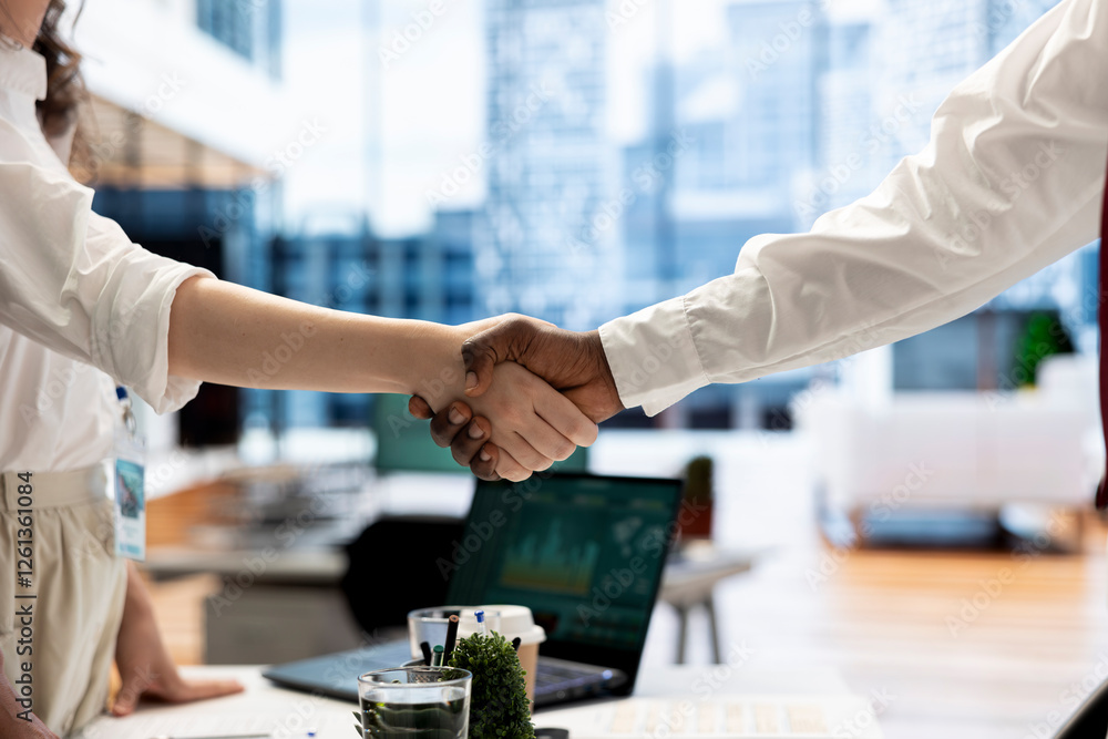 Poster recruiter shaking hands with person after finding best talent to fill open company position. hr depa