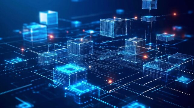 Fototapeta Abstract Digital Network Cubes Futuristic Technology Background Blue Glowing Lines Modern Data Structure Elegant Wireframe Design High Tech Innovation
