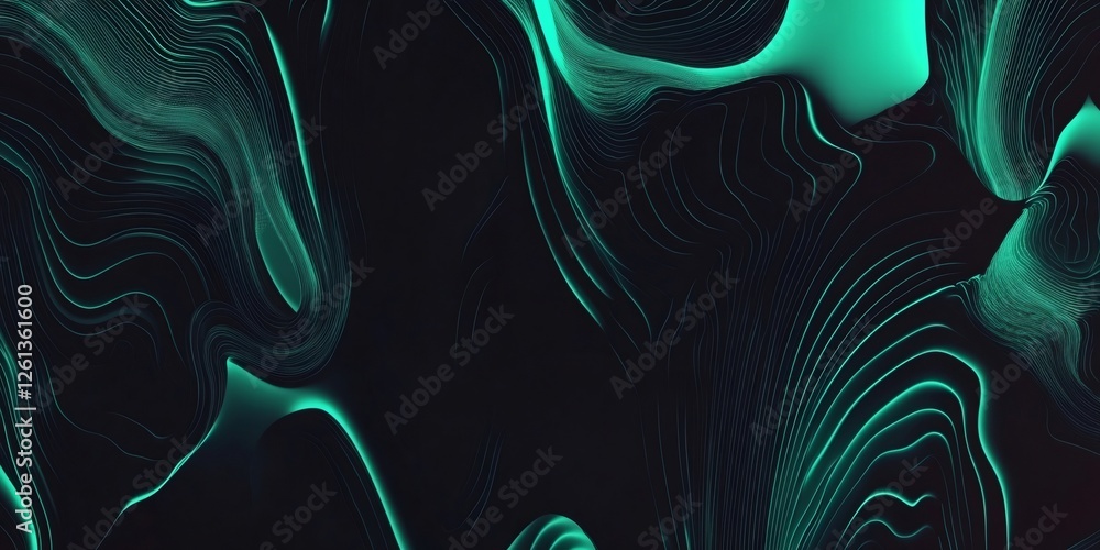Poster turquoise topographic lines flowing on dark background creating an abstract landscape