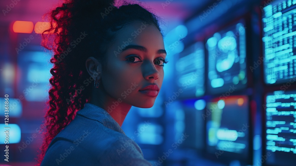 Aufkleber portrait of a young woman programmer serious face neon lights digital technology cybersecurity softw