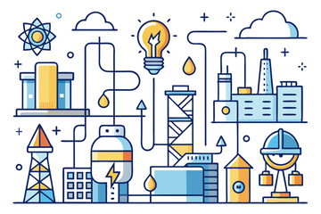 Electricity and Power Line Icons – Light Bulbs, Electrical Equipment, and Energy Symbols Vector Set, Minimalist line art electricity icons – power lines, bulbs, tools, and energy symbols in vector for