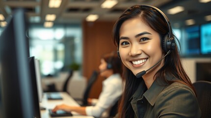 Filipino Female Call Center Agent Smiling While Wearing a Headset in a Modern Office