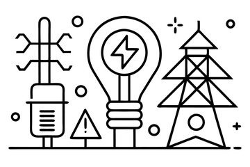 Electricity and Power Line Icons – Light Bulbs, Electrical Equipment, and Energy Symbols Vector Set, Minimalist line art electricity icons – power lines, bulbs, tools, and energy symbols in vector for