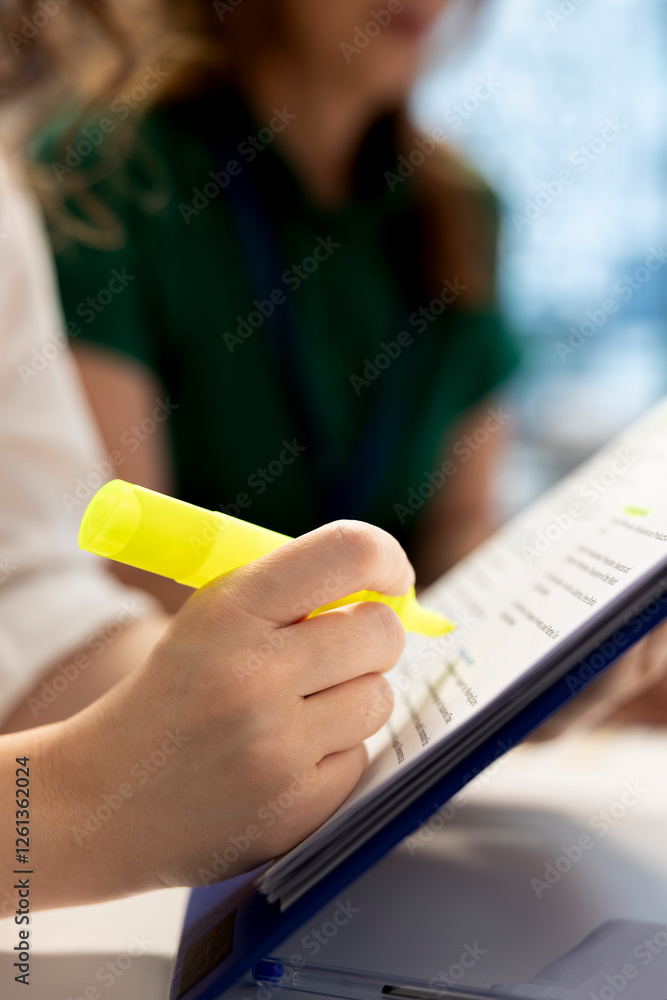 Poster human resources worker agreeing terms with candidate during job interview, highlighting text on docu