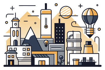 Obraz premium Electricity and Power Line Icons – Light Bulbs, Electrical Equipment, and Energy Symbols Vector Set, Minimalist line art electricity icons – power lines, bulbs, tools, and energy symbols in vector for