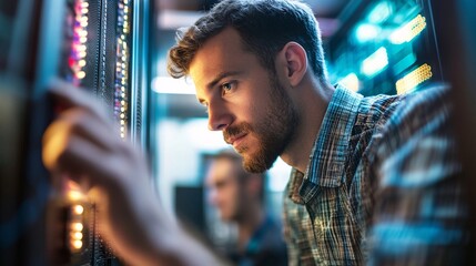 Focused IT Technician Working on Server Rack Network Data Center Technology Professional Man Concentrated Carefully Examining System Maintenance      