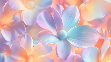 Fototapeta premium A seamless pattern of pastel rainbow daisies, their petals glowing with soft hues 