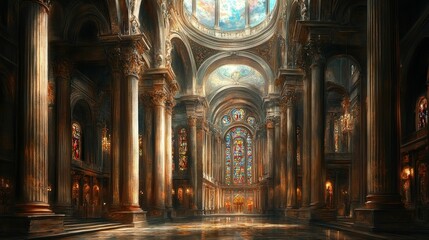 Fototapeta premium Majestic cathedral interior, stained glass, golden light.