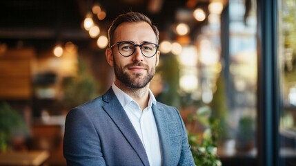 Obraz premium Confident Businessman Portrait Professional Office Attire Stylish Glasses Modern Workplace Background Successful Entrepreneur Serious Expression 