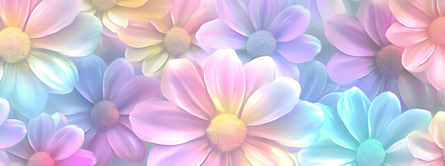 Obraz premium A seamless pattern of pastel rainbow daisies, their petals glowing with soft hues 