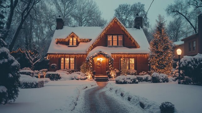 Festive winter wonderland home illuminated with holiday cheer and snowy charm