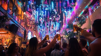 Fototapeta premium Vibrant nightlife celebration with drinks under a dazzling light display