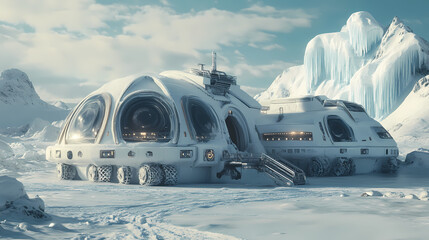 Obraz premium Terraforming equipment, alien snowfields, massive ice structures, sci-fi design. Alien Ice Palaces. Illustration