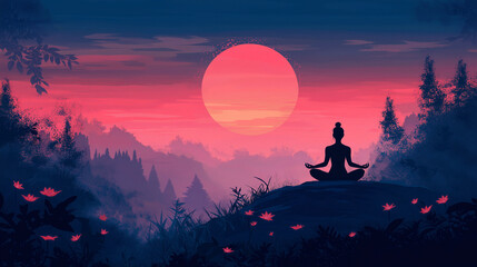 Fototapeta premium A peaceful yoga scene at sunrise, with a person meditating on a hill, promoting mental and physical health
