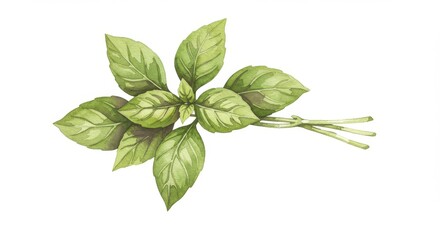 Fototapeta premium Watercolor leaves of basil on white background
