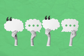 Female hands with speech bubbles on green background