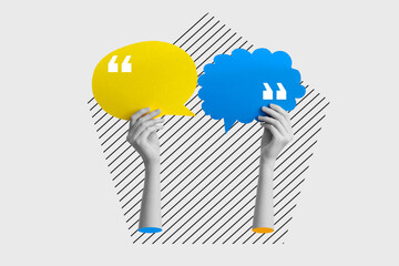 Female hands with different speech bubbles on white background