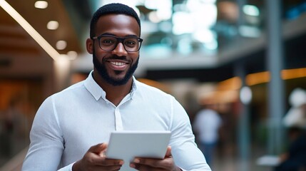 Smiling African American Businessman Using Tablet Modern Office Professional Happy Successful Entrepreneur Digital Technology Wireless Device         