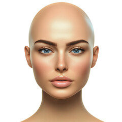 Beautiful woman with a bald head, modern portrait front view, transparent background