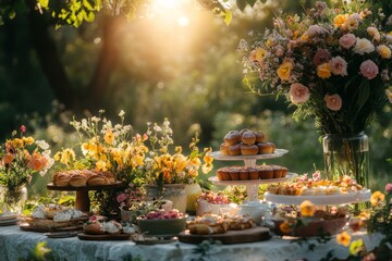 Garden party dessert table sunset