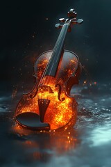 Fototapeta premium Fiery violin rests on dark reflective surface