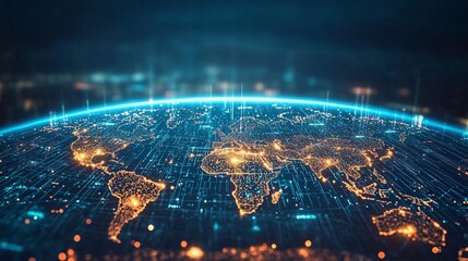 Global Network Digital World Map Technology Futuristic Abstract Background Orange Blue Lights Illuminated Earth Connections Internet Data             