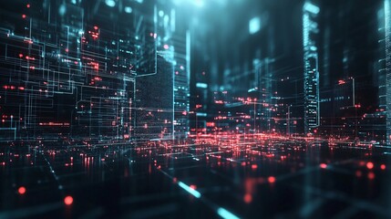 Abstract Digital Cityscape Neon Lights Technology Background Futuristic Red Blue Network Data Streams Innovation Modern Digital Art Graphic Design    