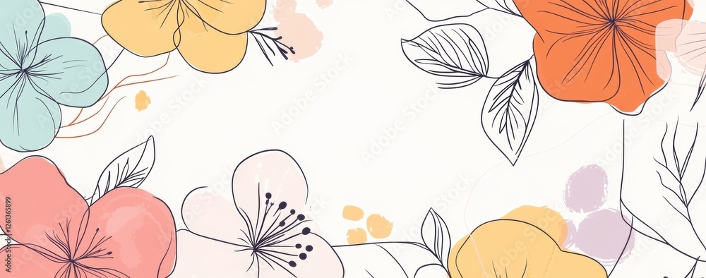 Poster simple line drawings of flowers in various shapes and colors, hand-drawn style simple lines, flat co