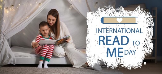 Mother with her little son reading story at home. Banner for International Read to Me Day