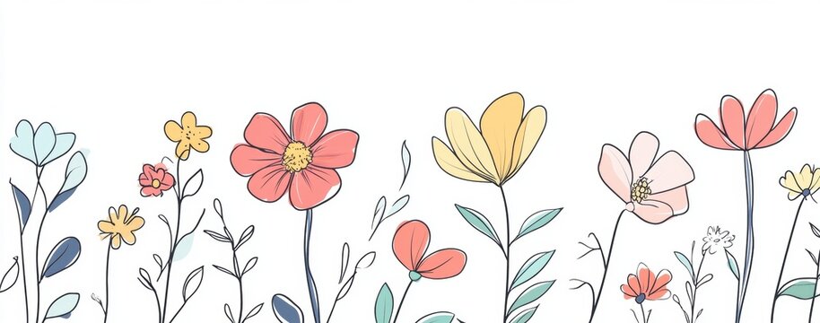 Simple line drawing of flowers in pastel colors, in the style of clip art, white background Generative AI