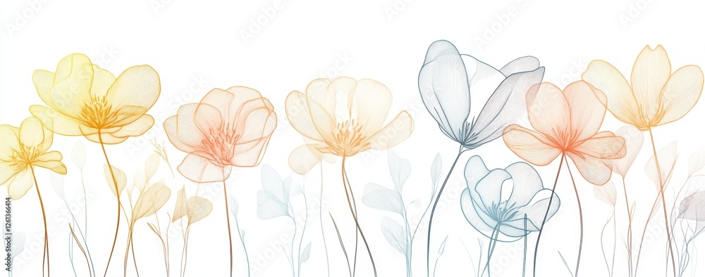 Poster a single line drawing of various flowers in pastel colors, arranged side by side on an isolated whit
