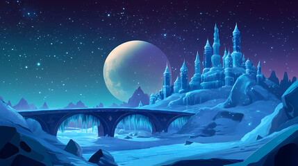 A moonlit night with a bridge in the foreground and a castle in the background. Alien Ice Palaces. Illustration