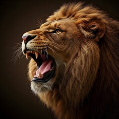 Naklejka premium Lion head, roaring, mouth wide open, showing teeth, (detailed mane:1.2), (brown fur:1.2), (detailed facial features:1.3), (powerful jaw:1.2), profile view, looking slightly upwards, centered in frame,
