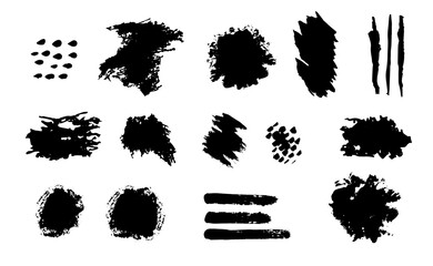 Set of abstract design elements grunge splatters, spots, dots isolated on white background. Paint brush vector for ink paint, dirt and text banners, dirty texture. Trendy brush stroke, vector illustra