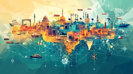 Obraz premium Minimalist map of the Gulf with simple geometric shapes and bold color contrasts 