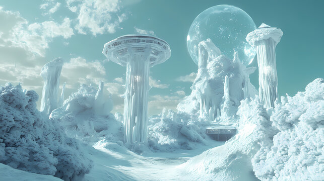 Distant frozen planet with alien base and towering ice structures for futuristic landscape photography. Alien Ice Palaces. Illustration