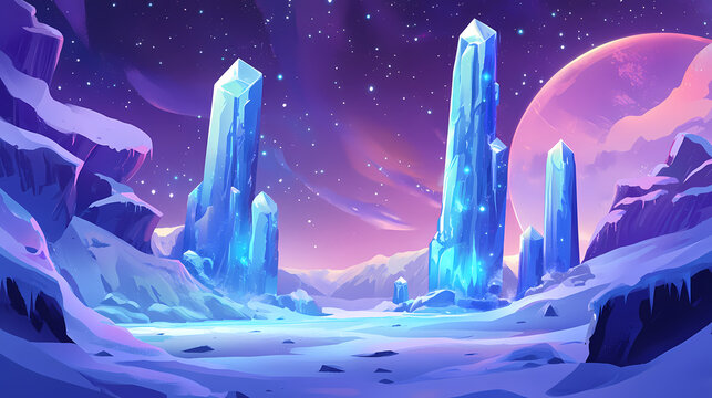 Distant frozen planet with alien base and towering ice structures for futuristic landscape photography. Alien Ice Palaces. Illustration