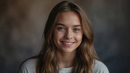 Fototapeta premium Smiling Young Woman With Long Hair and Bright Eyes Expressing Joy in a Casual Setting During the Afternoon